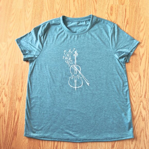 Violin Music Notes Graphic Tee Size XL Teal Short Sleeve Soft Stretch Calm Top - Picture 8 of 10